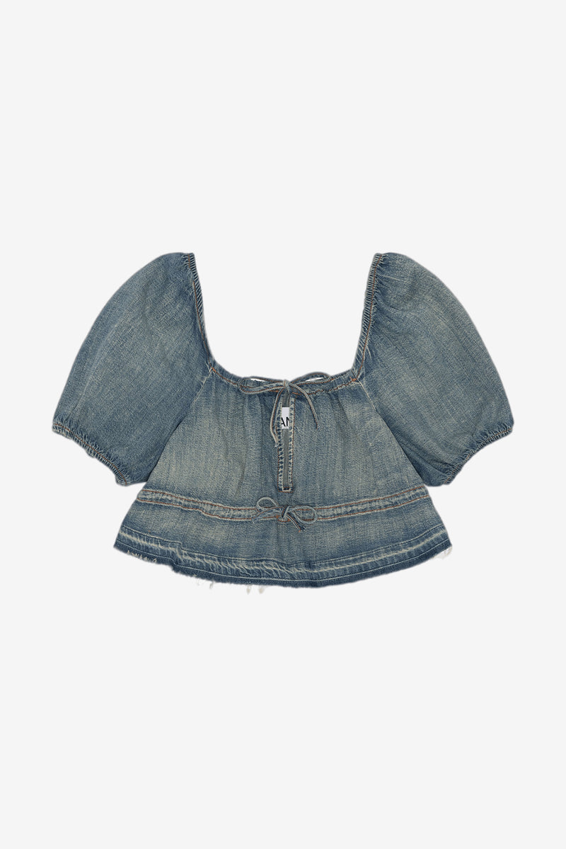 Tint Edge Denim Puff Sleeve Top - Tint Wash