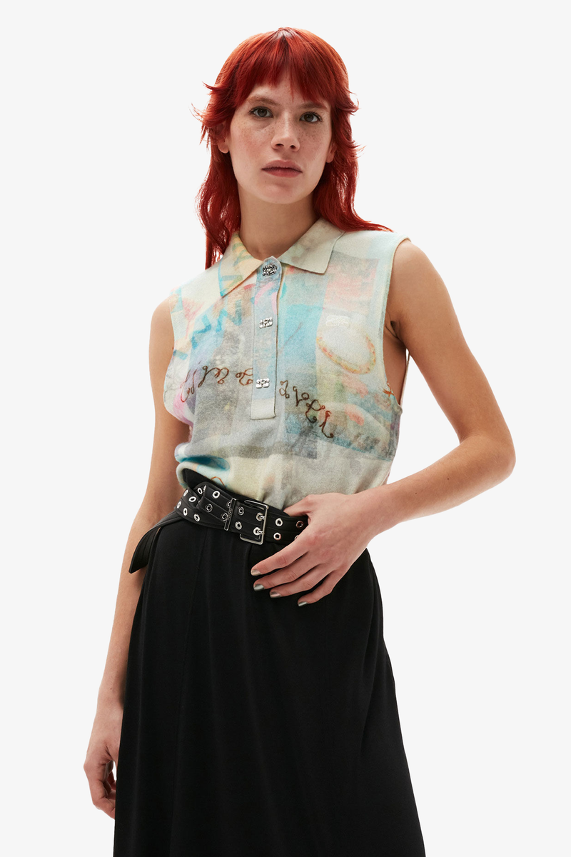 Printed Cashmere Sleeveless Polo - Egret