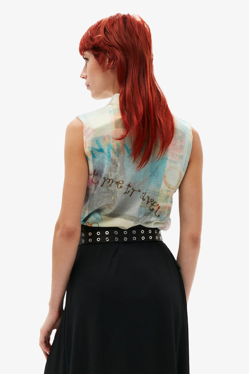Printed Cashmere Sleeveless Polo - Egret