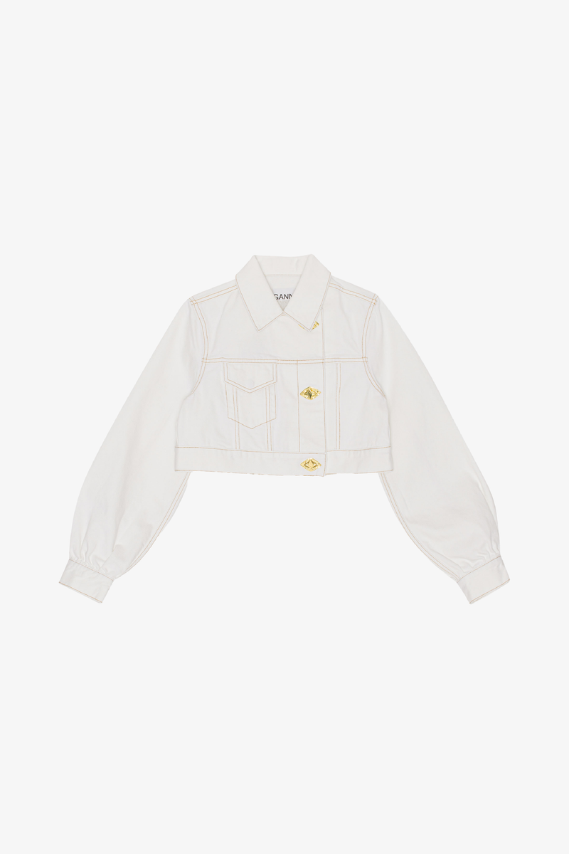 White Denim Cropped Trucker Jacket - Bright White