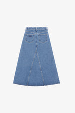 Mid Blue Stone Overdyed Cutline Denim Double Fly Maxi Skirt