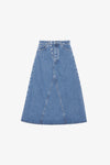 Mid Blue Stone Overdyed Cutline Denim Double Fly Maxi Skirt