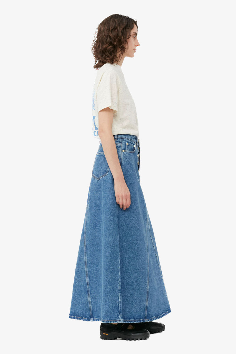 Mid Blue Stone Overdyed Cutline Denim Double Fly Maxi Skirt