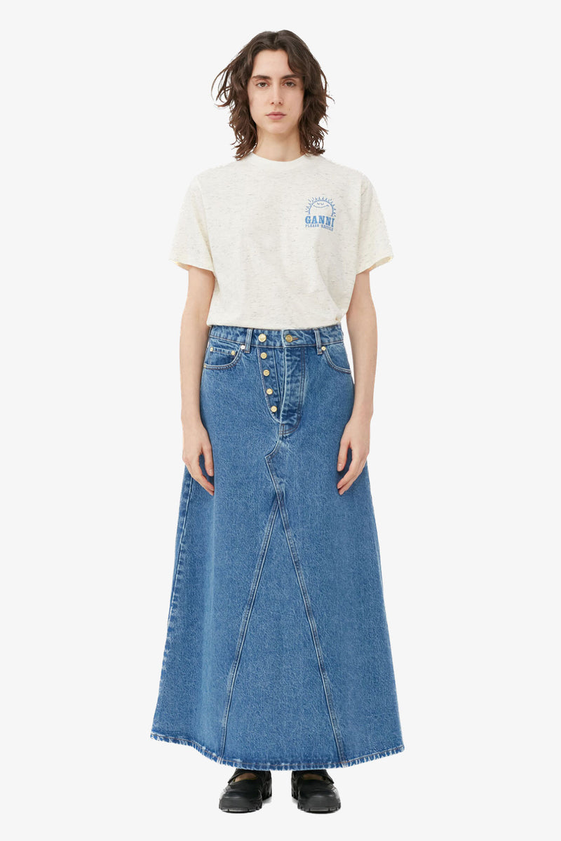 Mid Blue Stone Overdyed Cutline Denim Double Fly Maxi Skirt