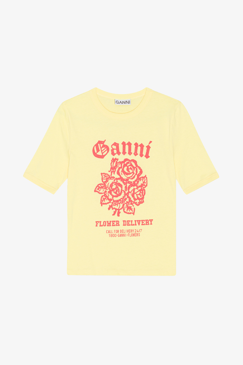 Light Cotton Jersey Flower Fitted T-Shirt - Yellow Cream