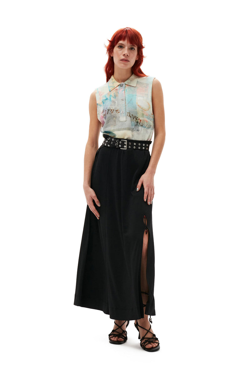 Printed Cashmere Sleeveless Polo - Egret