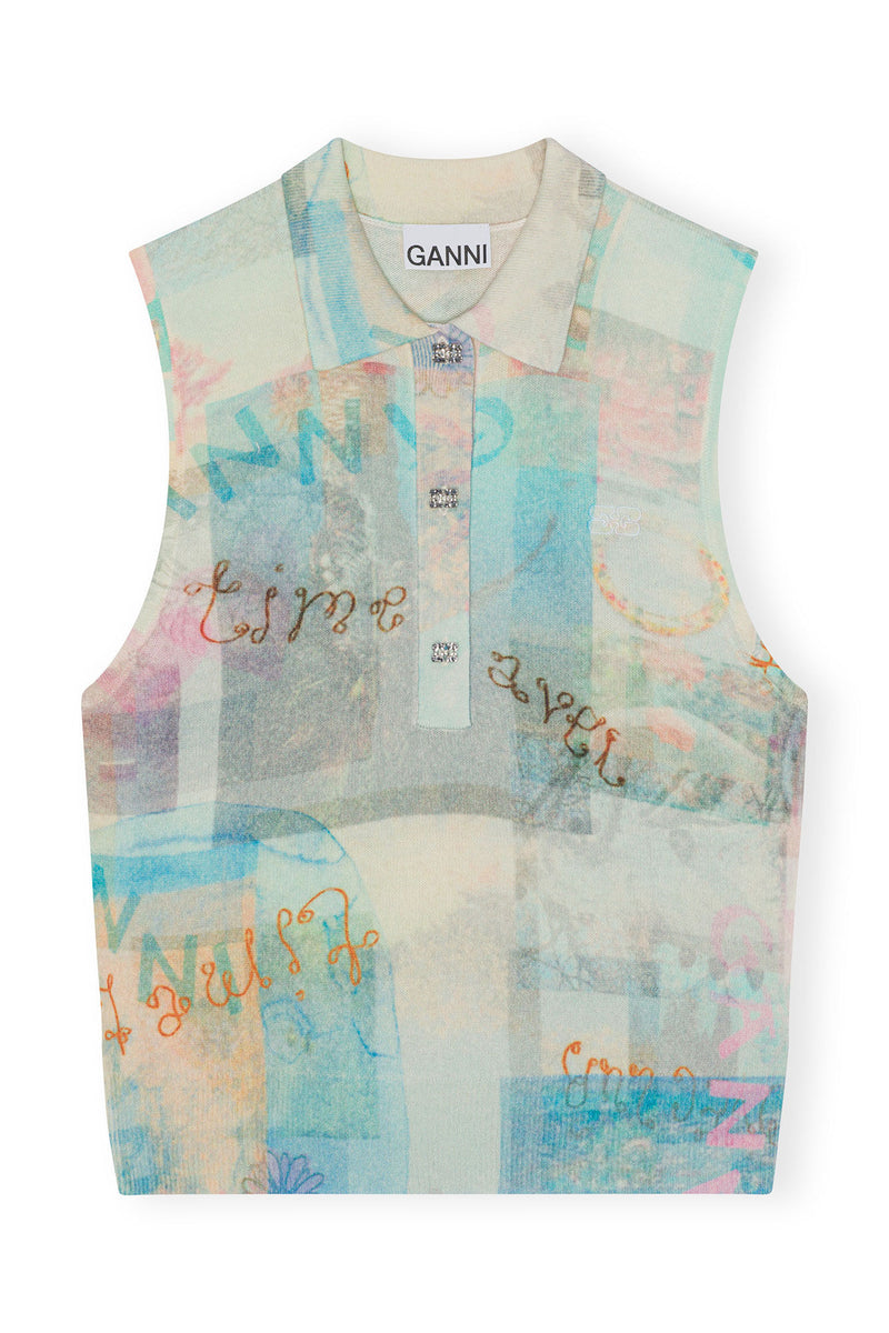 Printed Cashmere Sleeveless Polo - Egret