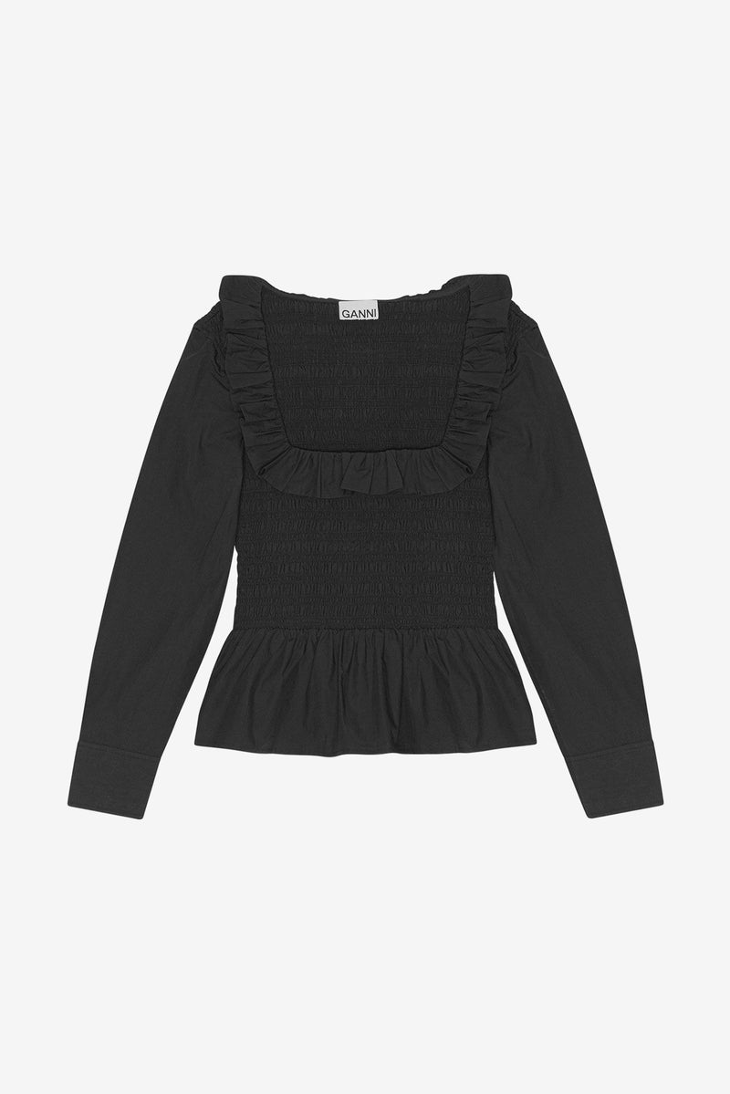 Cotton Poplin Open-Neck Smock Blouse - Black