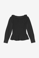 Cotton Poplin Open-Neck Smock Blouse - Black